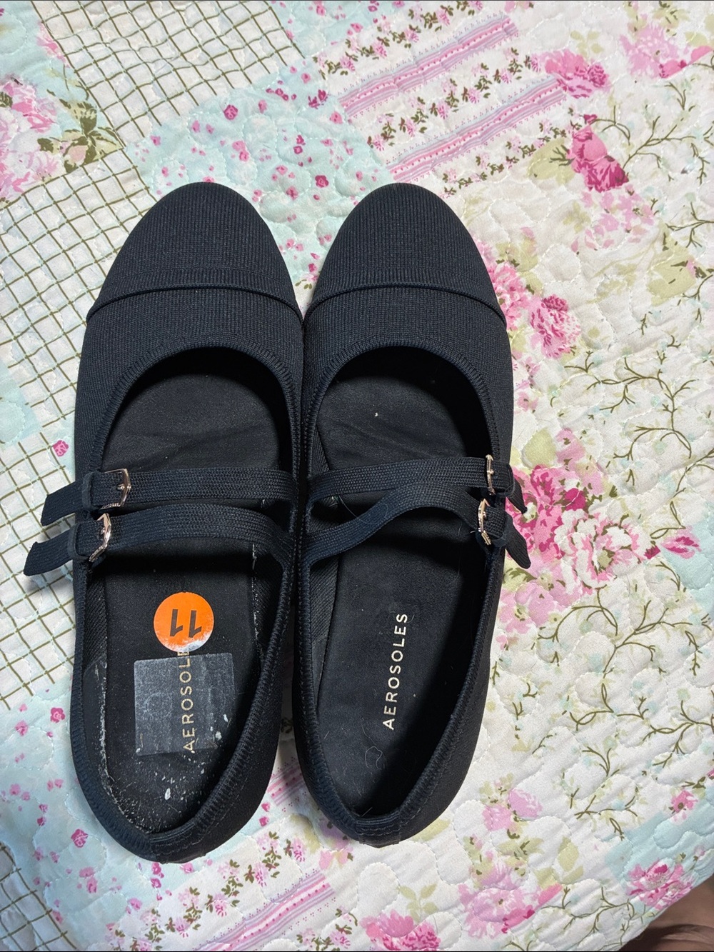 AEROSOLES Black Double-Strap Mary Jane Flats